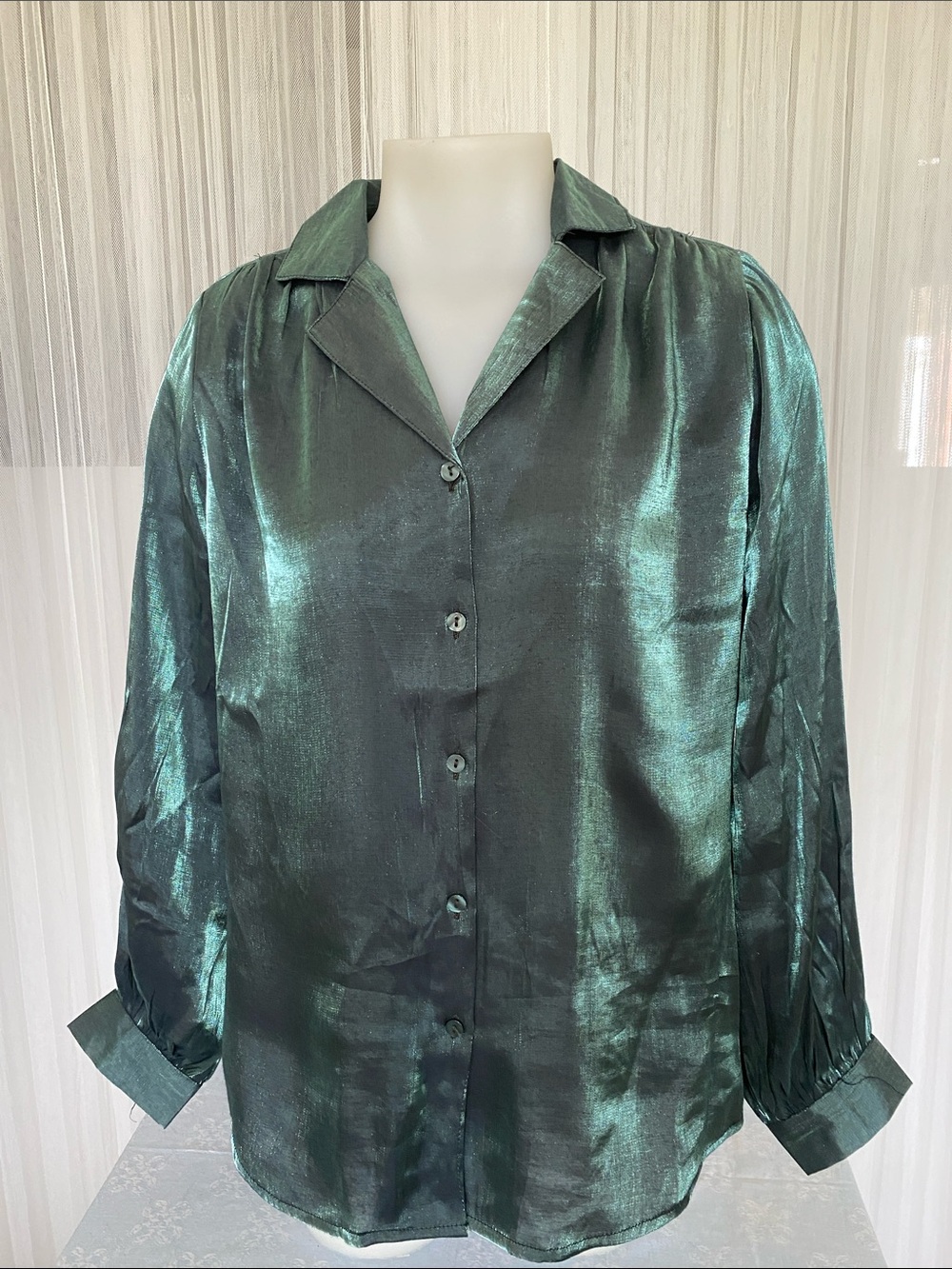 Marie-Claire Women's Shimmery Teal Long Sleeve Button-Up Side Slits Blouse Size